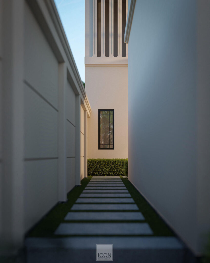 Lối đi lát đá tự nhiên: Kết hợp giữa đá granite và sỏi trắng tạo nên sự mềm mại, hài hòa giữa kiến trúc cứng cáp của căn villa và cảnh quan thiên nhiên