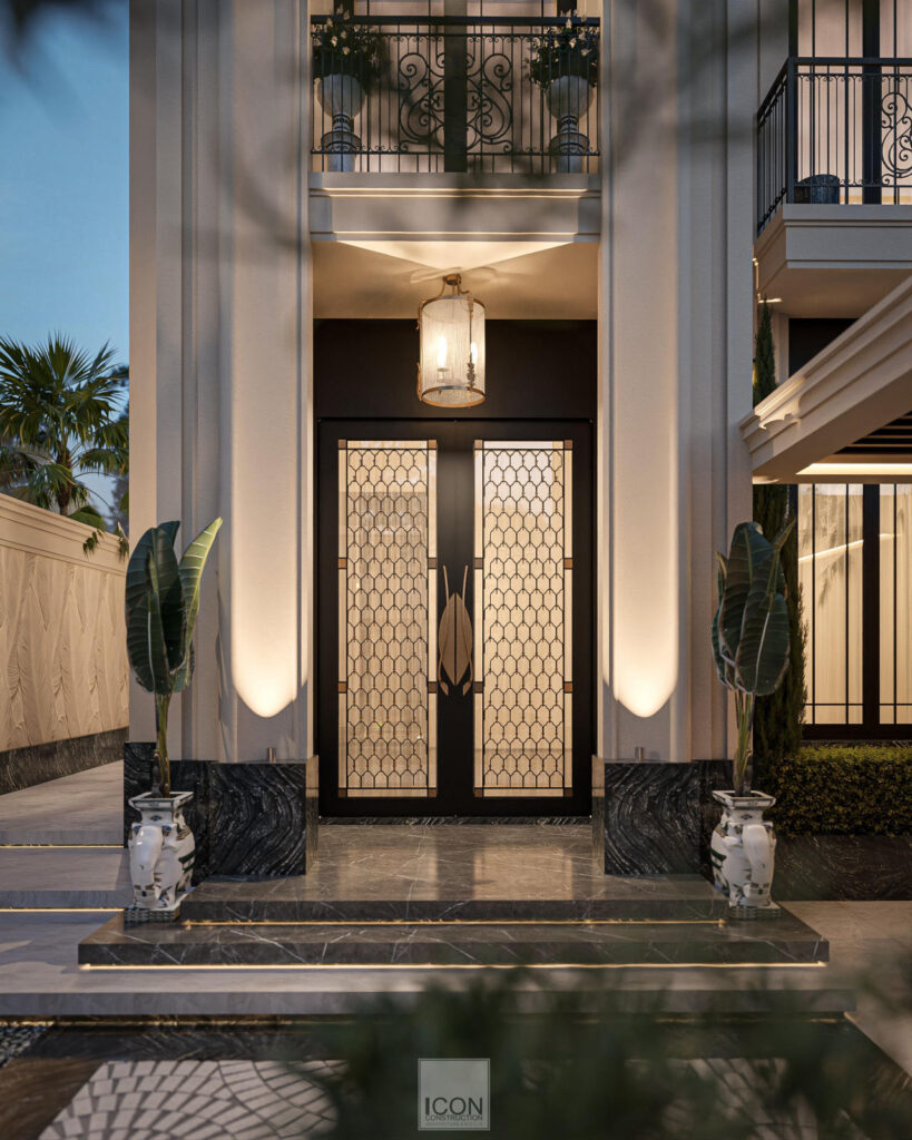 Tone trắng chủ đạo, kết hợp với ánh sáng vàng từ đèn giúp công trình trở nên nổi bật vào buổi tối