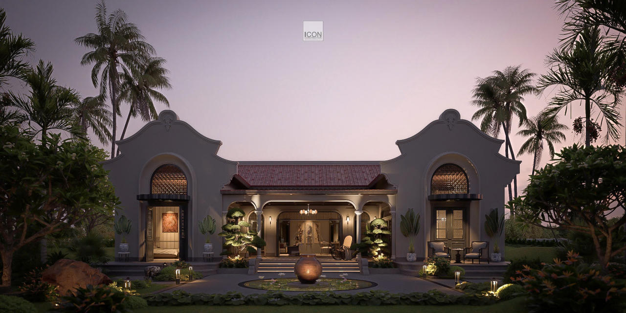 Cổng và lối vào được thiết kế giản dị nhưng trang nhã, với mái hiên ngói và hàng cây xanh dẫn lối, tái hiện hình ảnh quen thuộc của những ngôi nhà truyền thống Việt.