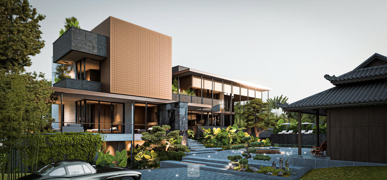 Ngôn ngữ kiến trúc mạch lạc, nhấn mạnh tỷ lệ đặc – rỗng cân đối; lớp lam gỗ trở thành chi tiết vừa thẩm mỹ vừa công năng.