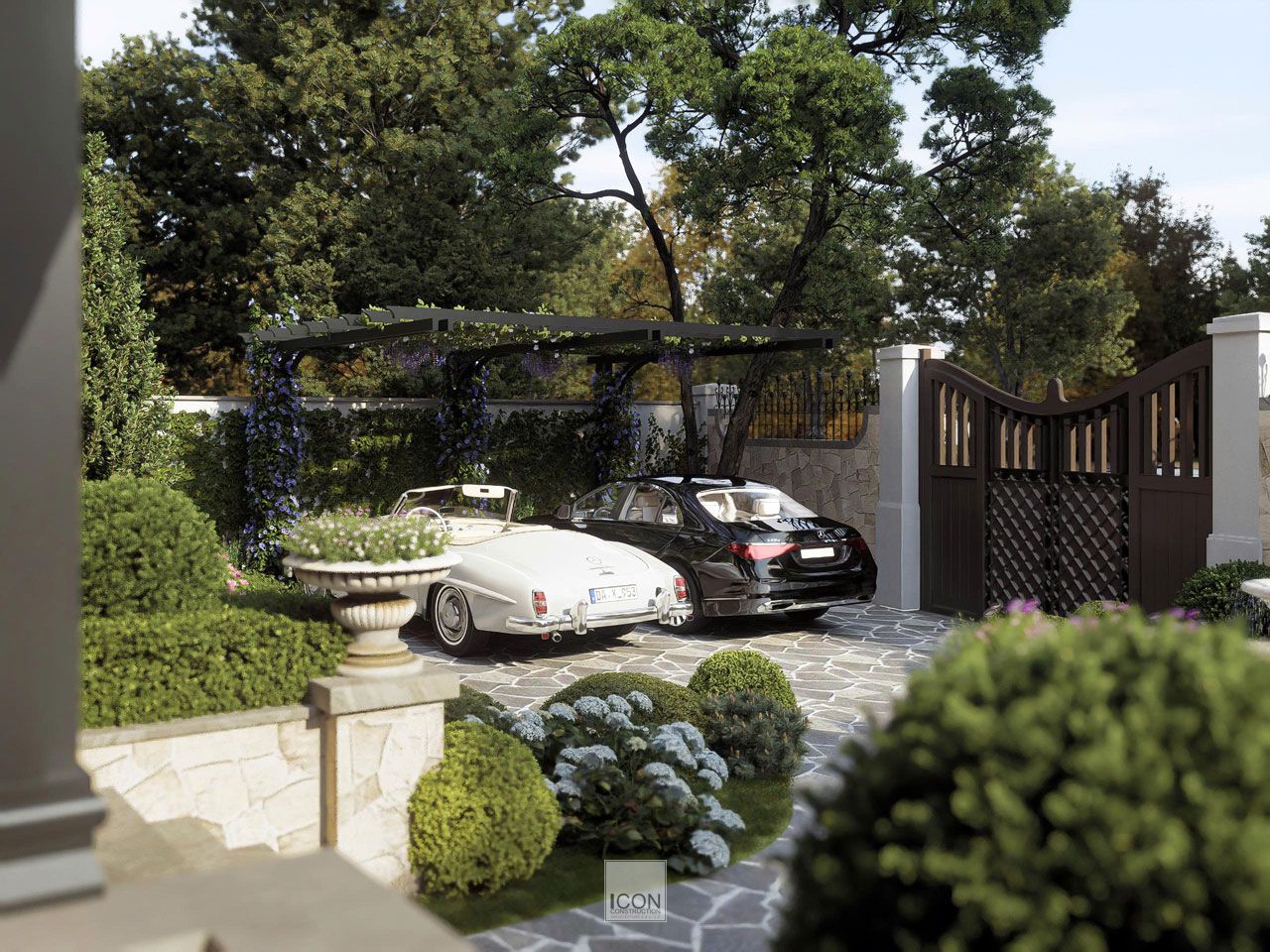 Sự hiện diện của nước, cây xanh và lối lát gạch gợi nhớ đến khuôn viên nhà vườn truyền thống, nhưng được nâng tầm bằng tư duy bố cục hiện đại.