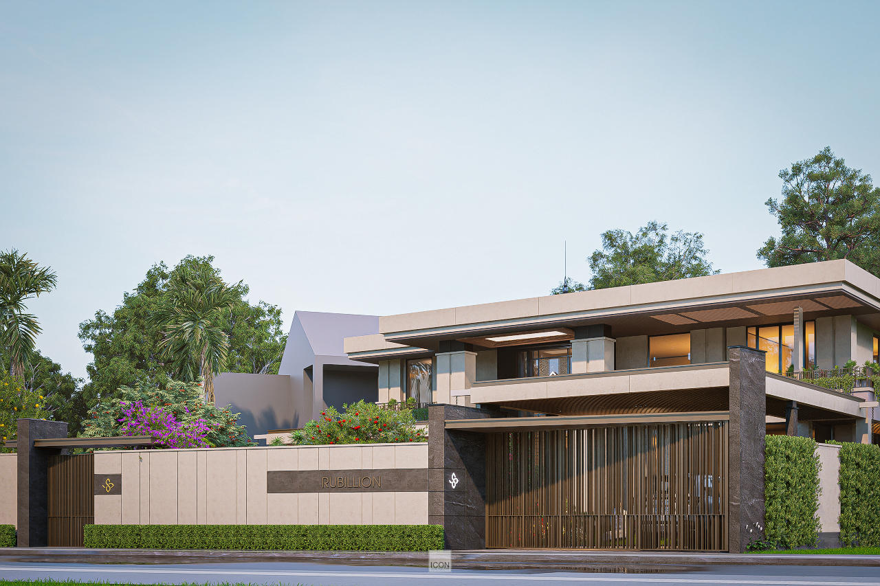 Phần mái đua ngang kết hợp trần ốp gỗ tạo điểm nhấn ấm áp, đồng thời giúp cân bằng thị giác cho toàn bộ công trình.