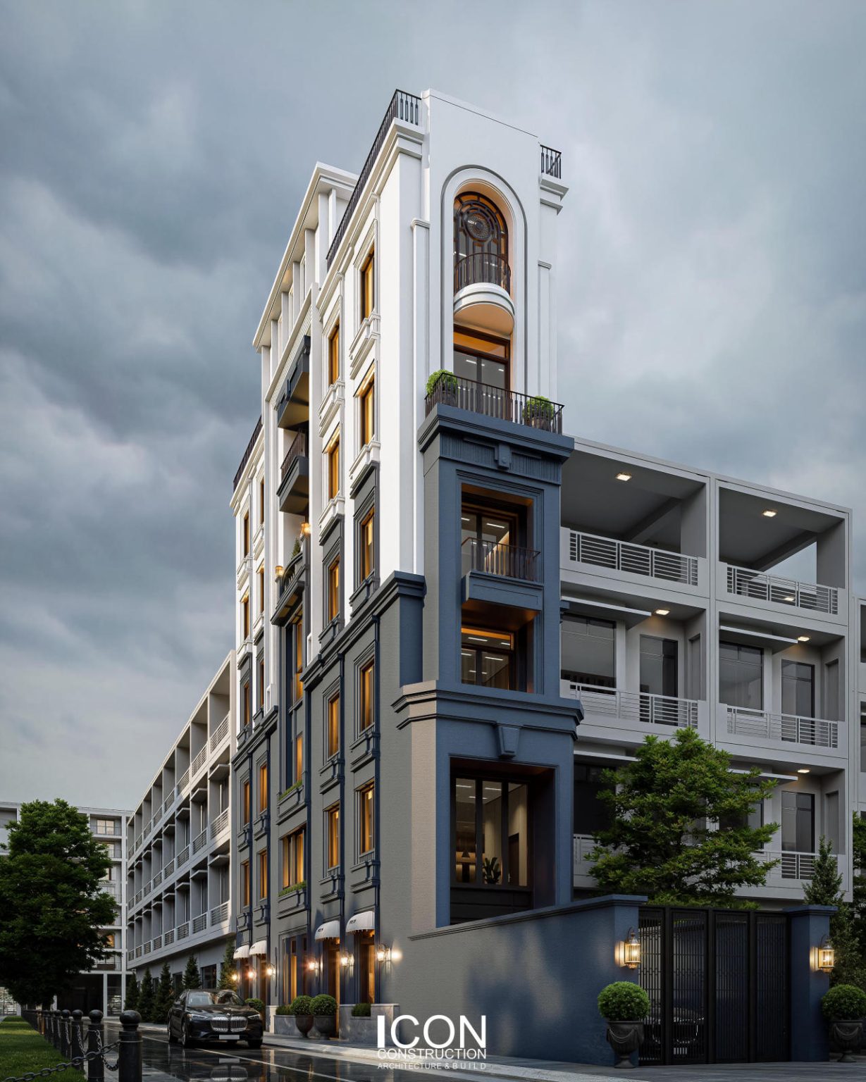 Giữa khu đô thị cao cấp, công trình hiện lên như một bản giao hưởng giữa cổ điển và hiện đại