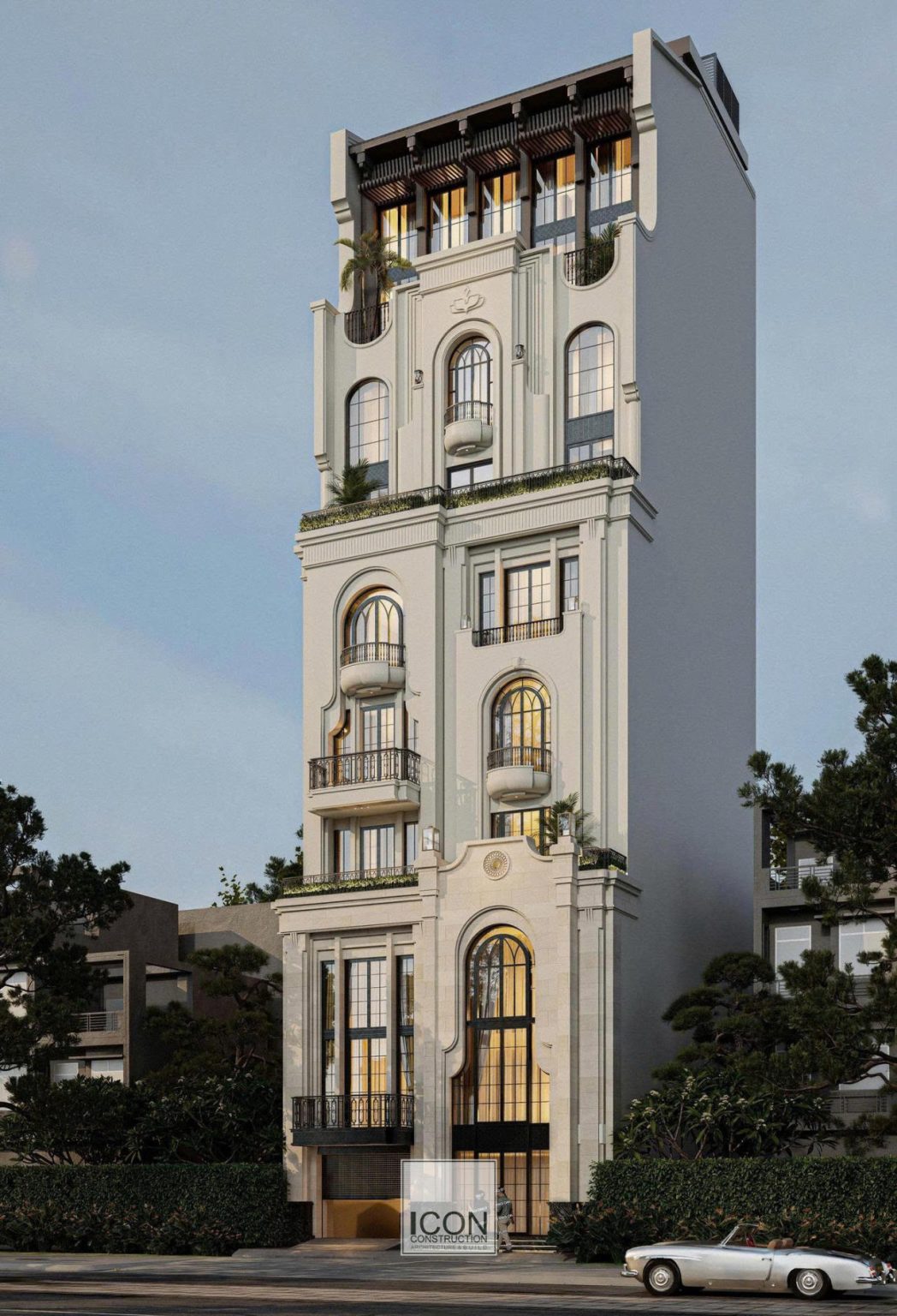 Mặt tiền công trình gây ấn tượng với tỷ lệ kiến trúc cao và thanh thoát, được tổ chức theo trục đối xứng rõ ràng.