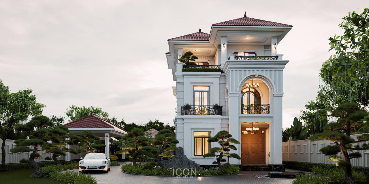 Kiến trúc đăng đối kết hợp sân vườn xanh mát tạo nên một tổng thể sang trọng nhưng vẫn gần gũi thiên nhiên.
