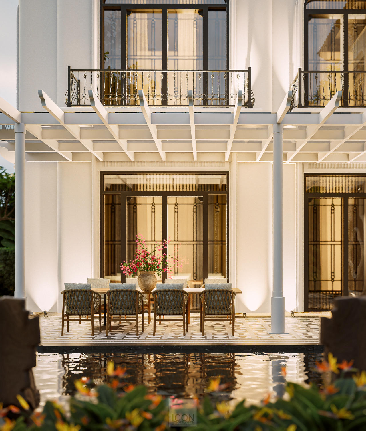 Hệ đèn hắt mái và đèn tường giúp công trình nổi bật khi về đêm, tôn lên đường nét kiến trúc và tạo cảm giác ấm cúng cho tổng thể biệt thự.