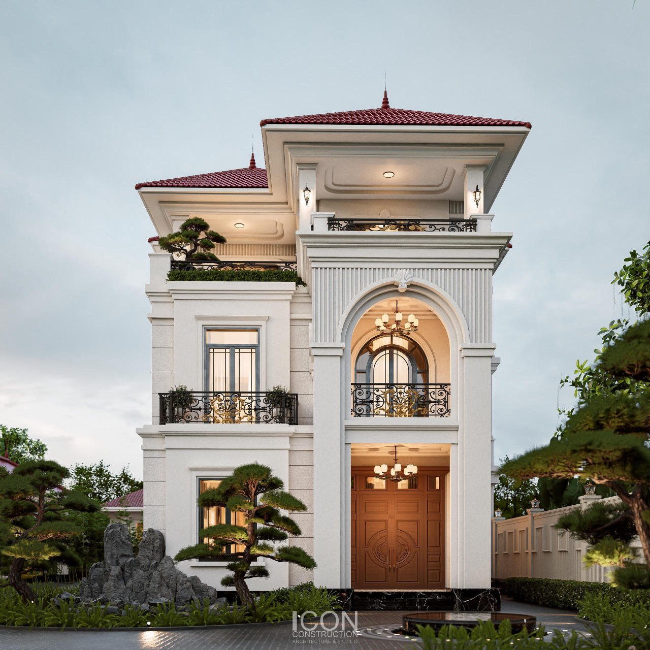Các ban công và mái đua được xử lý tinh tế, tạo hiệu ứng đổ bóng đẹp mắt. Không gian mở trên tầng cao giúp tối ưu thông gió và ánh sáng tự nhiên.