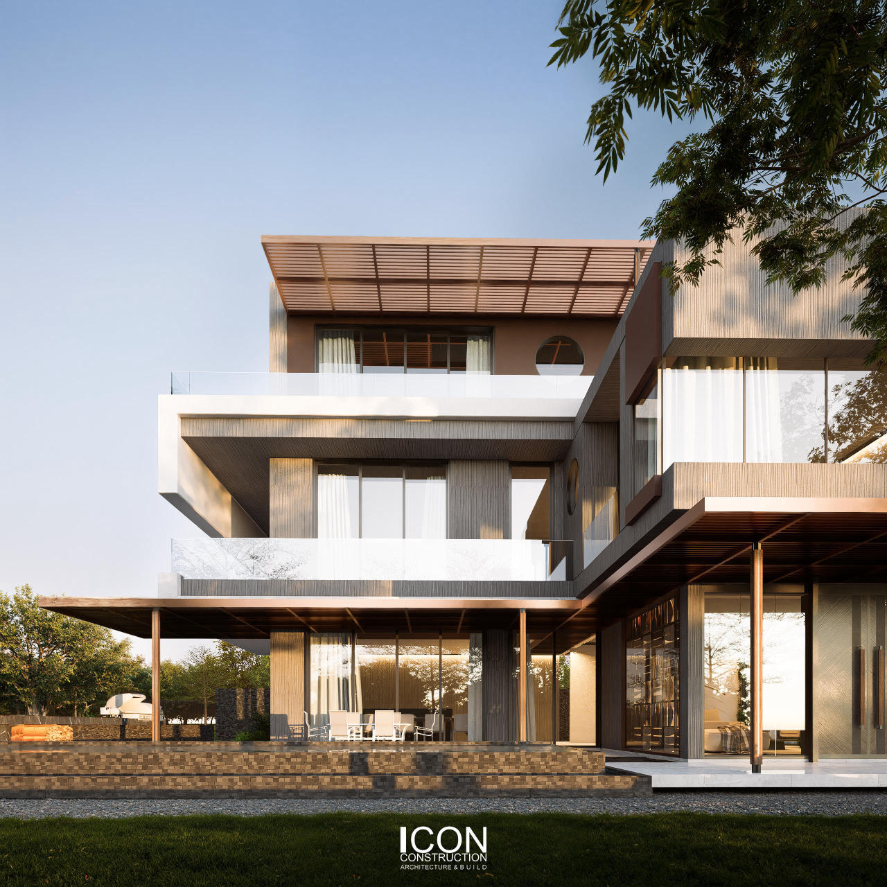 Hệ mái đua rộng kết hợp lam che nắng giúp công trình giảm bức xạ trực tiếp, đồng thời tạo chiều sâu cho mặt đứng.