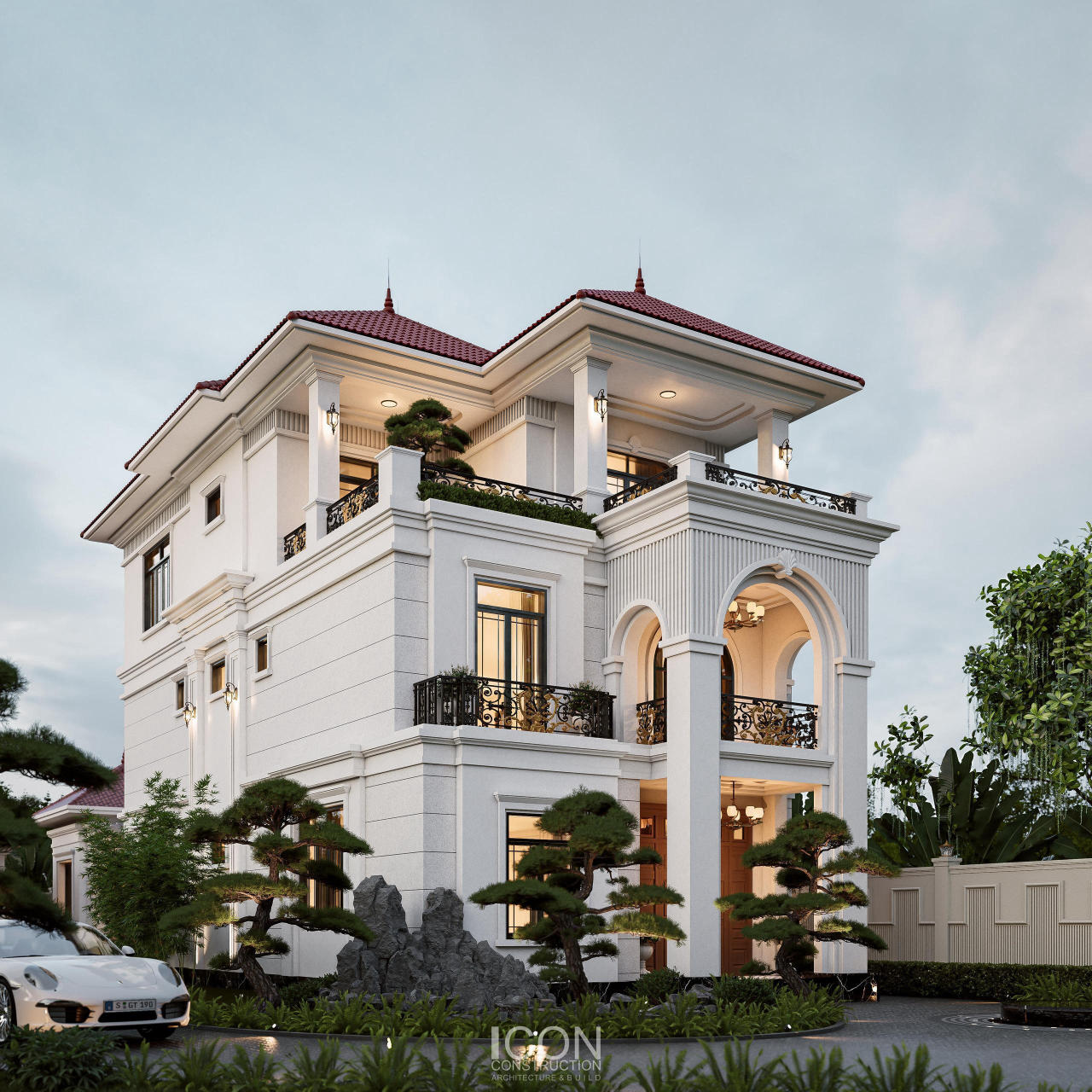 Hệ cột trụ vuông vững chãi, chi tiết phào chỉ tinh giản cùng ô vòm cao hai tầng tạo chiều sâu thị giác.