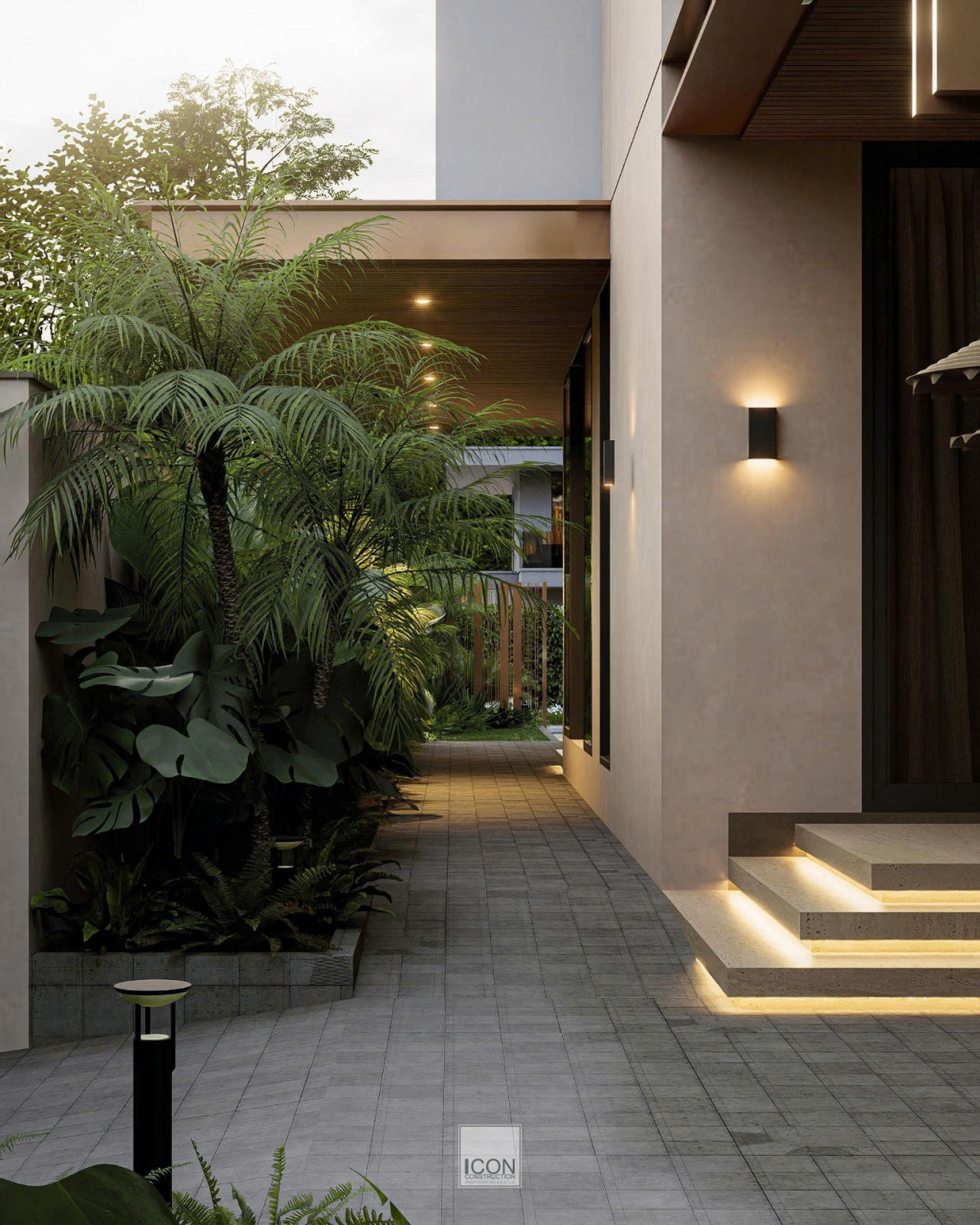 Thiết kế kiến trúc tường rào là sự đan xen tinh tế giữa mảng tường bê tông sơn giả đá beige và các lam gỗ dọc, tạo ranh giới bảo vệ kiên cố nhưng vẫn giữ nét thanh thoát cho tổng thể công trình.