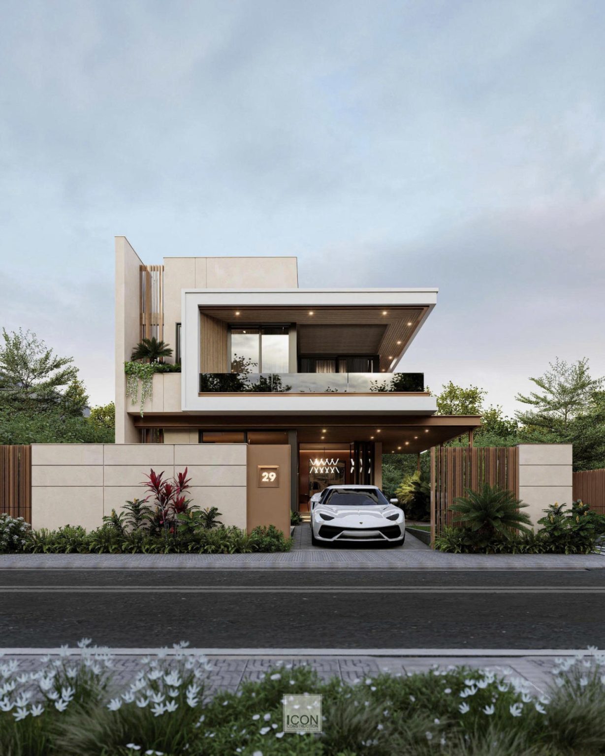 Phối cảnh thiết kế kiến trúc mặt tiền biệt thự hiện đại 2 tầng được ICON Construction kiến tạo với các hình khối giật cấp mạnh mẽ, kết hợp hài hòa giữa hệ đèn led ấm áp và mảng xanh thiên nhiên tươi mát.