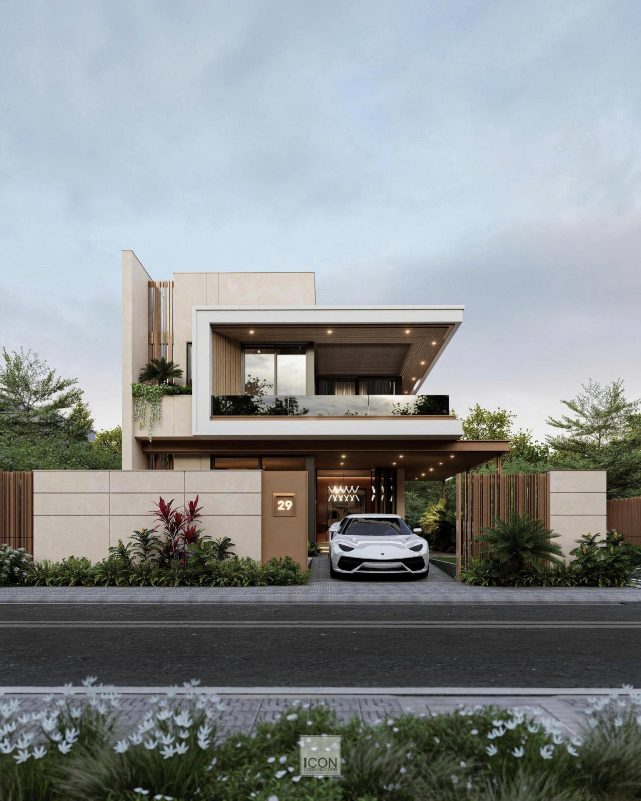 Phối cảnh thiết kế kiến trúc mặt tiền biệt thự hiện đại 2 tầng được ICON Construction kiến tạo với các hình khối giật cấp mạnh mẽ, kết hợp hài hòa giữa hệ đèn led ấm áp và mảng xanh thiên nhiên tươi mát.