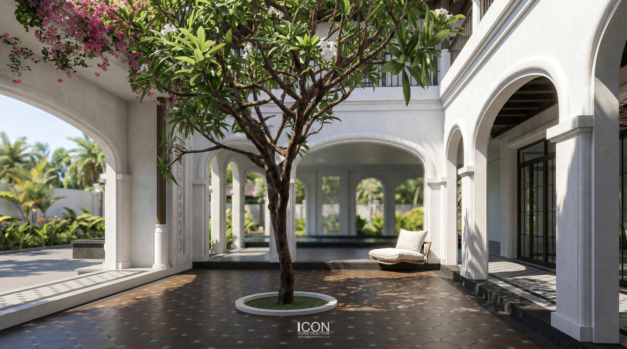 Khoảng hiên đóng vai trò là lớp đệm chuyển tiếp, cân bằng giữa không gian trong và ngoài.