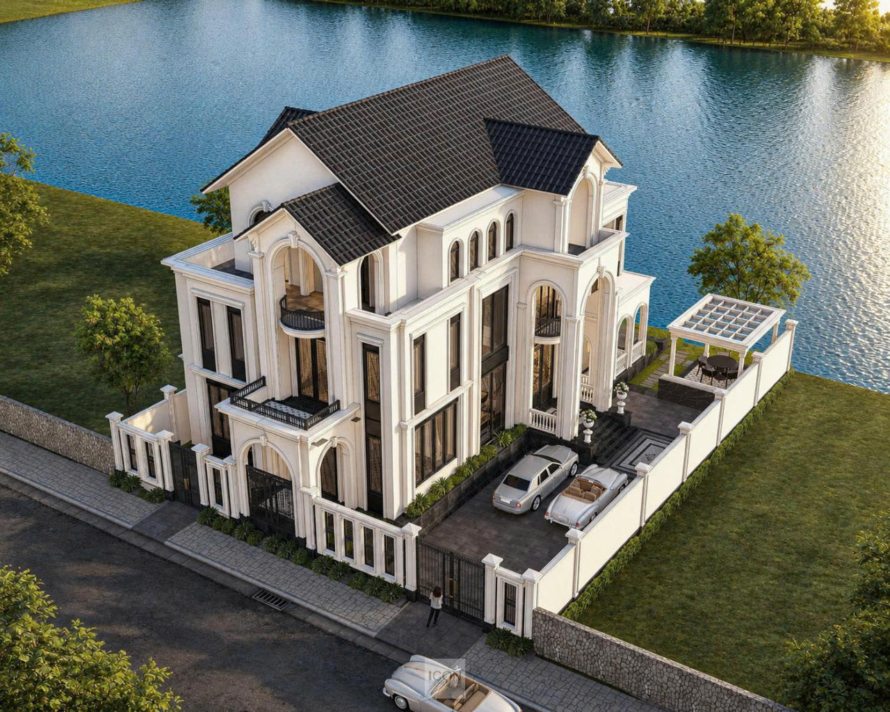 Khoảng sân trước, khu vực đậu xe, không gian thư giãn ven hồ và hệ hàng rào được tổ chức mạch lạc, mang đến sự riêng tư cùng trải nghiệm sống tiện nghi.