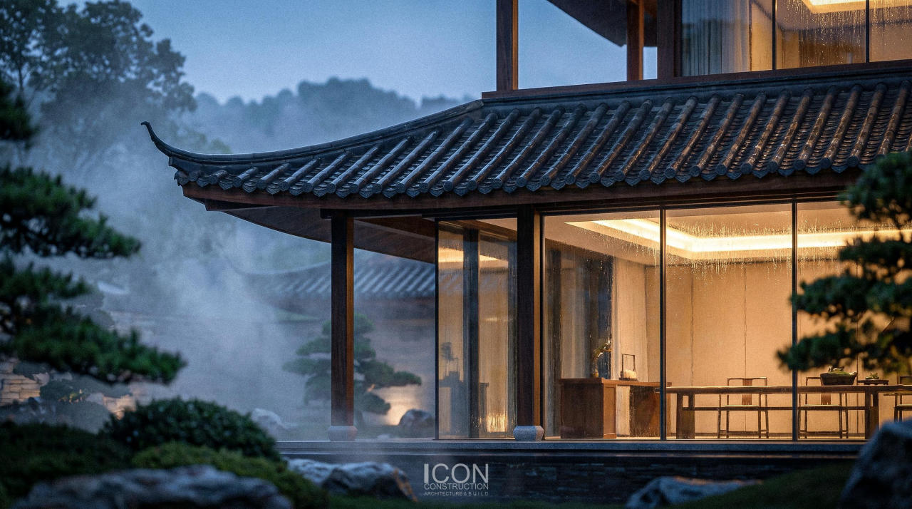 Sự kết hợp giữa đá, gỗ và kính tạo nên tổng thể sang trọng, gần gũi và bền vững theo thời gian.