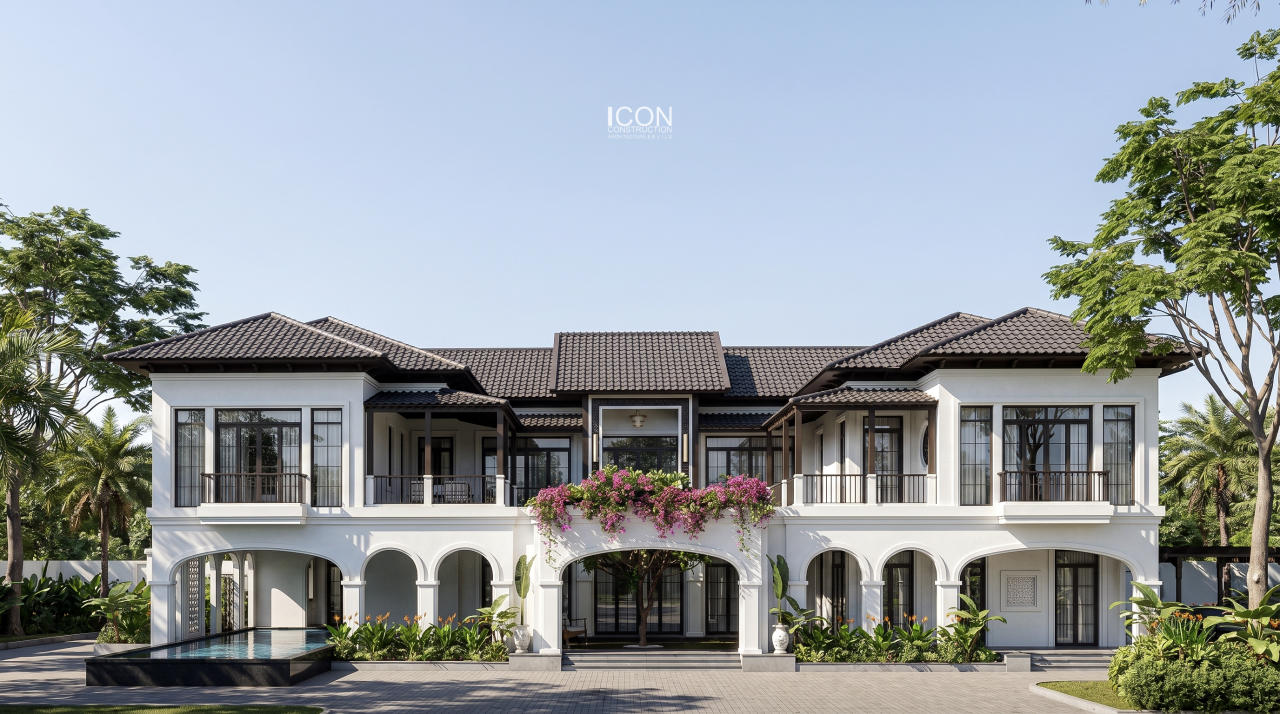Mặt tiền được tổ chức theo tỷ lệ cân đối, tạo nên dấu ấn kiến trúc ngay từ góc nhìn đầu tiên.