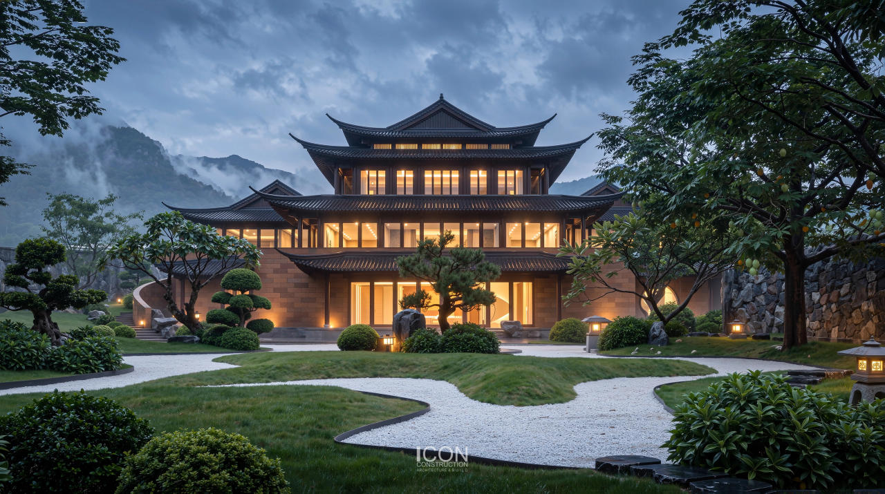 Khoảng sân trung tâm trong thiết kế kiến trúc Villa Đồng Mô tạo sự kết nối giữa các khối công trình.